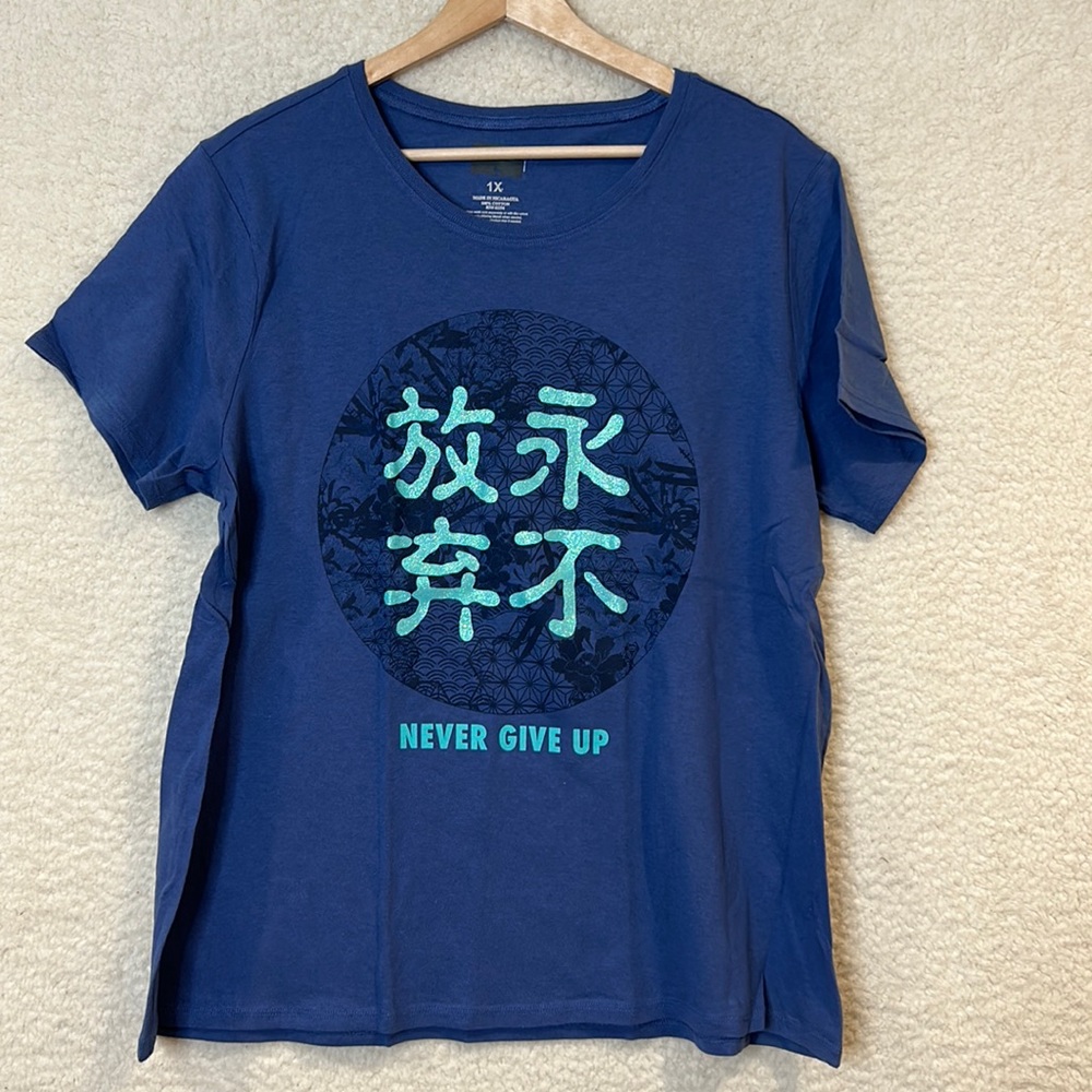 NWOT Basic Editions Womens Asian Writing NEVER GIVE UP Blue Sparkle Tee Shirt 2X